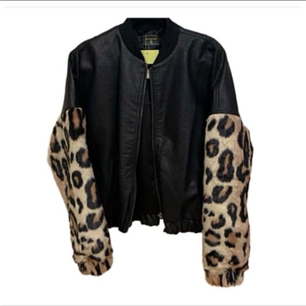 HEURUEH Jacket NEW WITH TAGS leopard faux fur & vegan leather bomber jacket